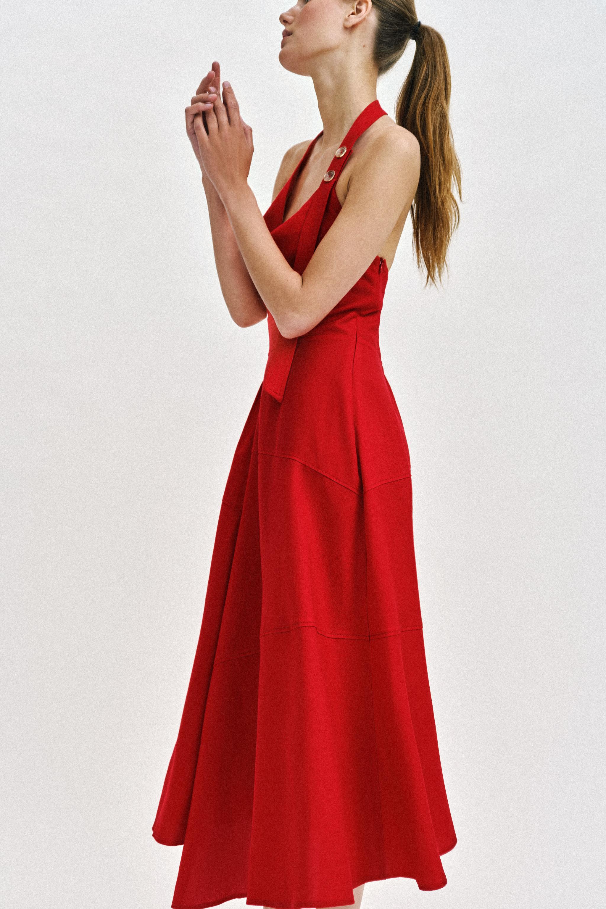 LINEN BLEND HALTER MIDI DRESS